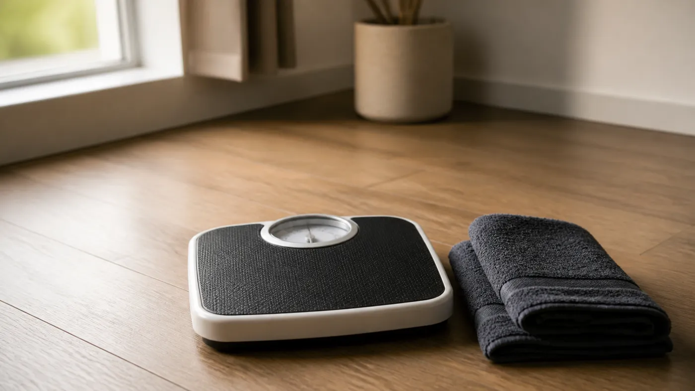 An unmarked analog bathroom scale beside a folded charcoal training towel on a wooden floor in morning light