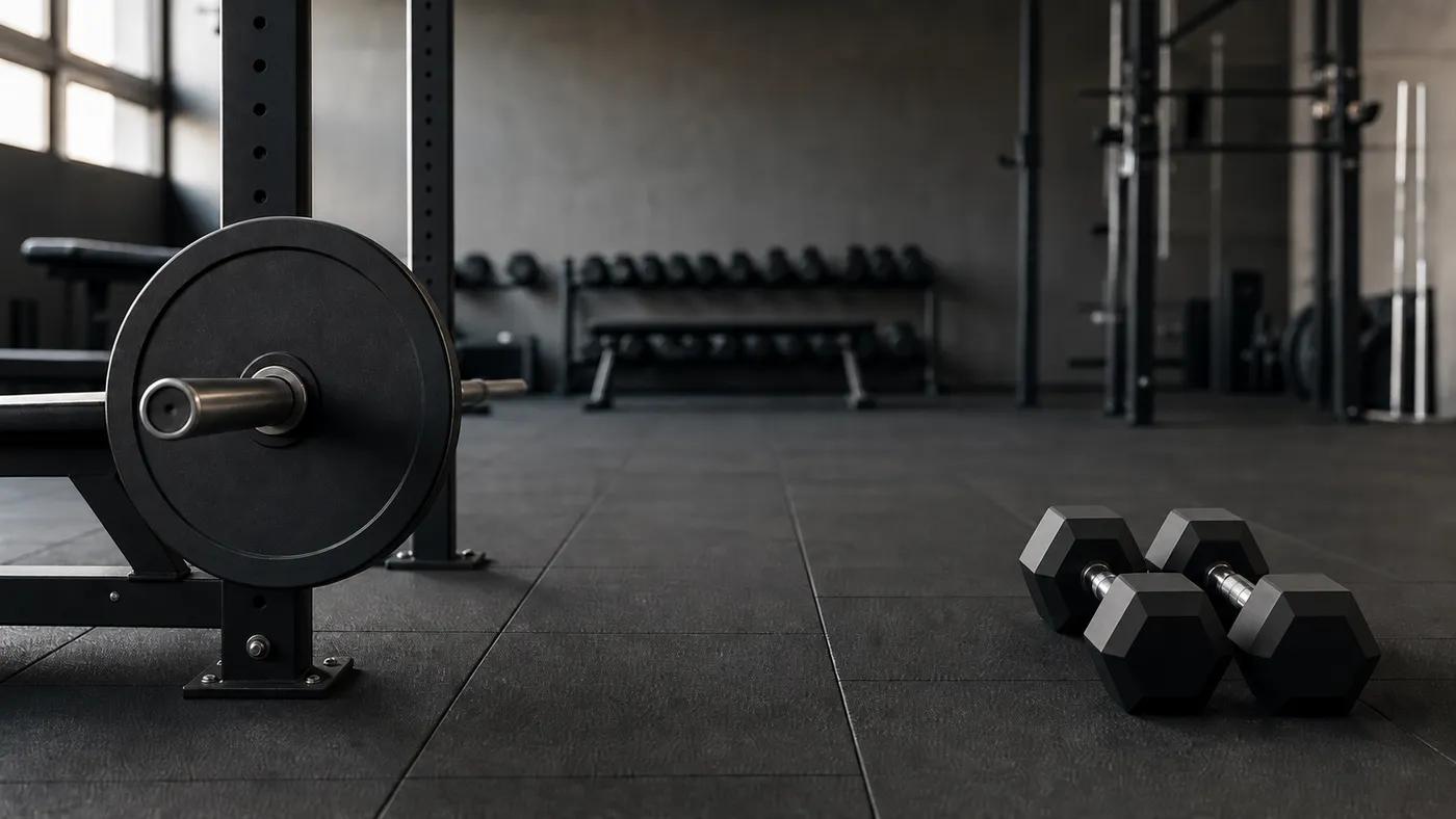 A barbell on a rack and two unmarked hex dumbbells on a quiet gym floor