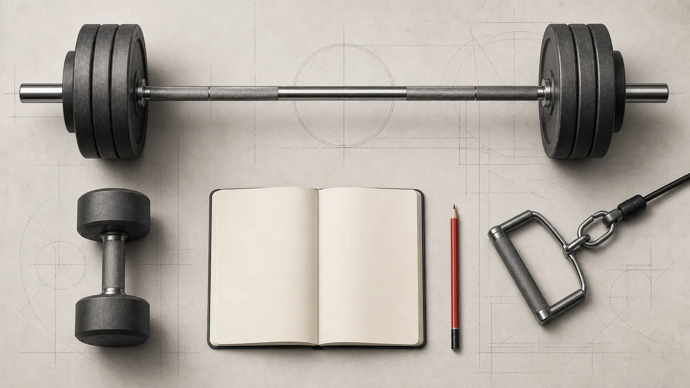 Barbell, dumbbell, cable handle, pencil, and blank training log arranged like a workout blueprint
