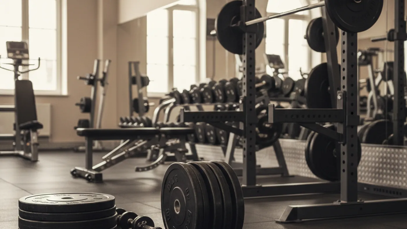 A barbell rack loaded with plates for warm-up and working sets