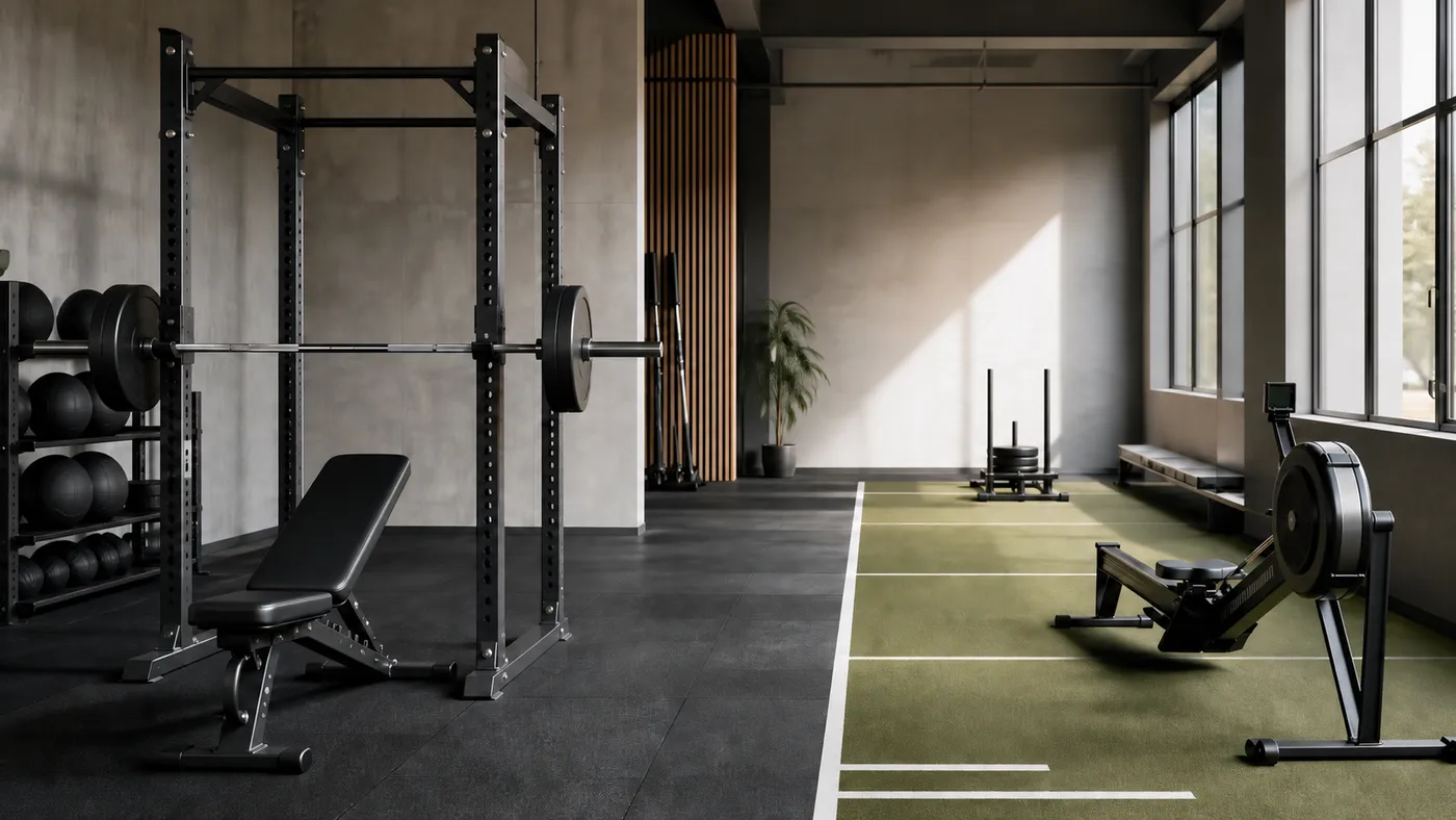 A barbell rack and bench beside a rowing machine and open conditioning lane in a quiet gym