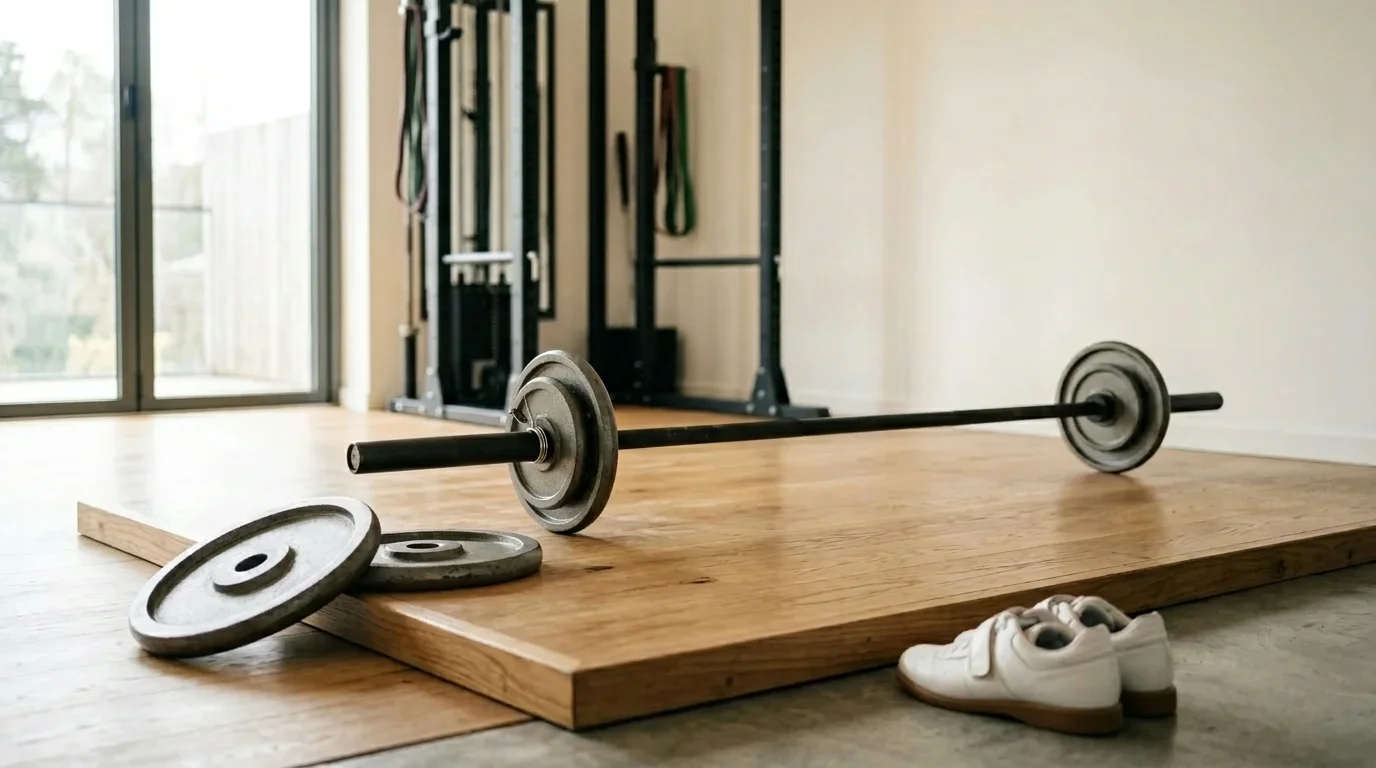 A barbell on the floor with progressively heavier plates lined up, ready to load