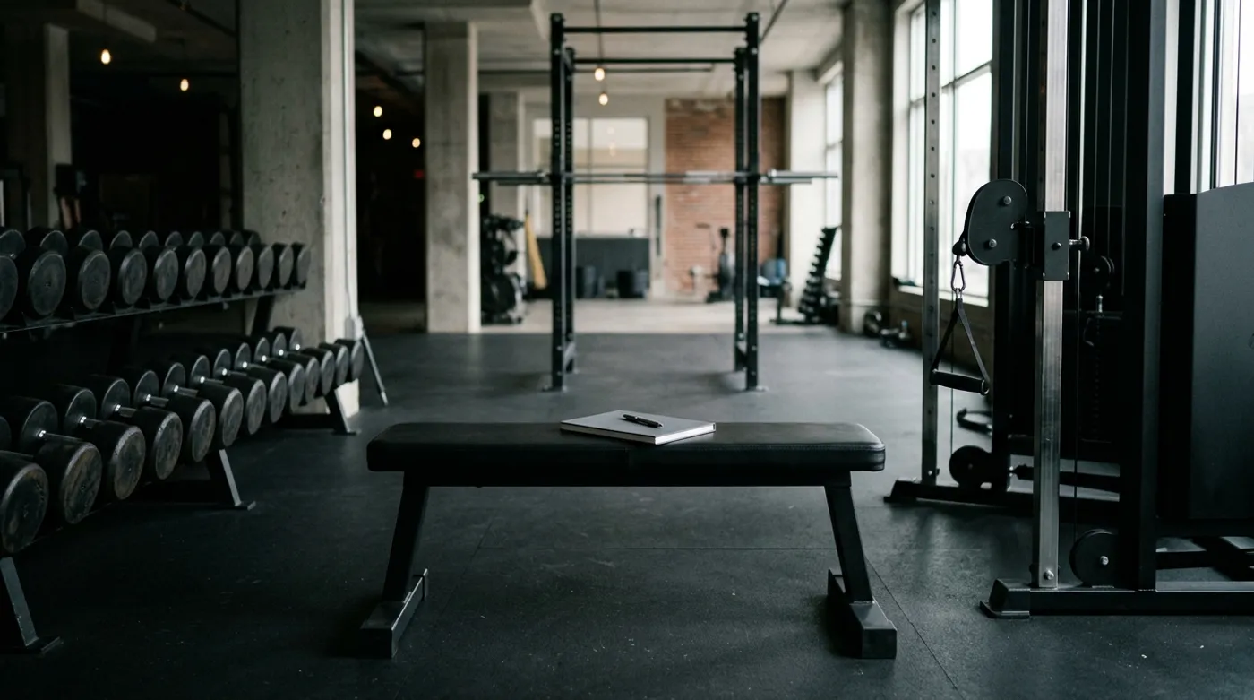 A flat bench with a blank notebook in a quiet gym, framed between a cable station and dumbbell rack for accessory exercise planning