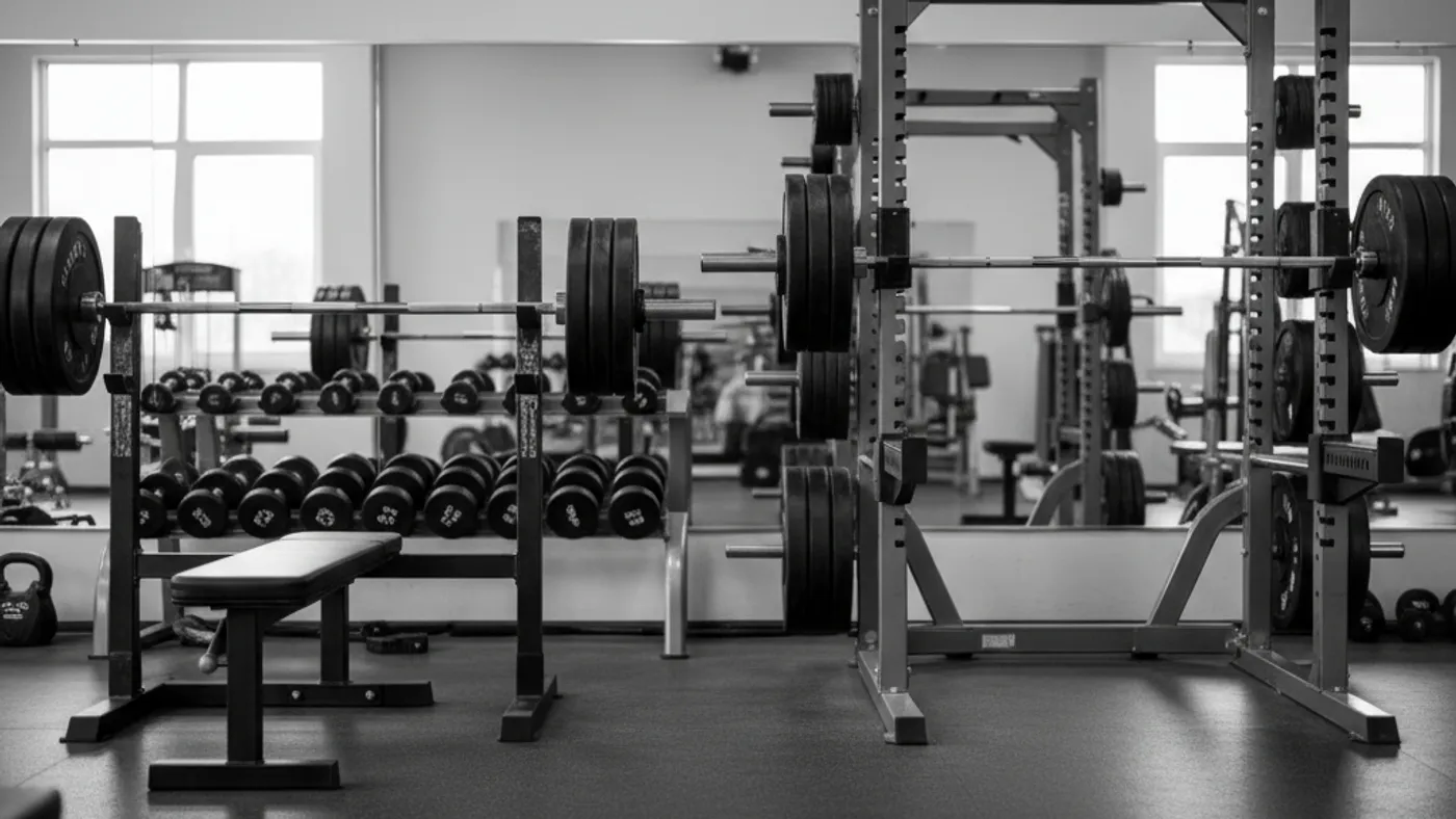 A bench press station and squat rack side by side in a commercial gym