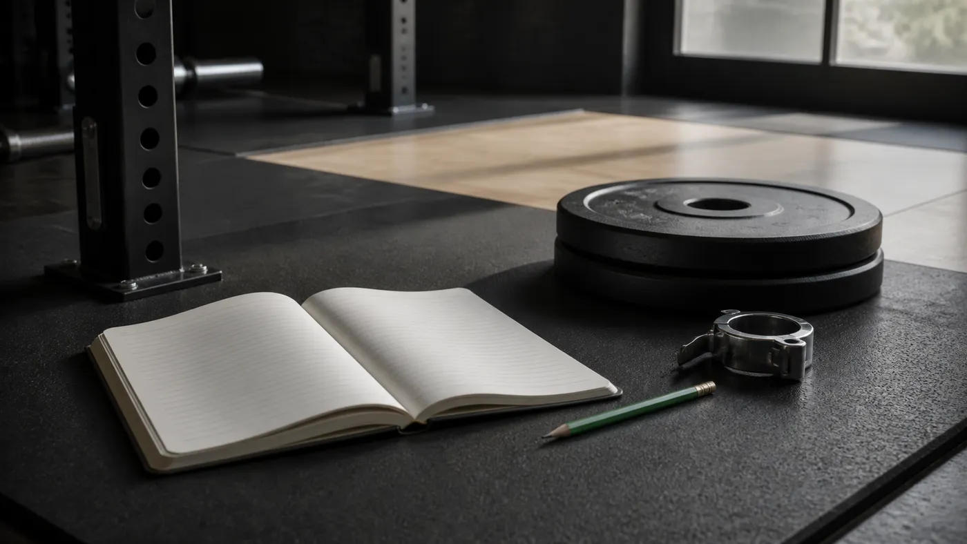 A blank training notebook beside a barbell collar on a lifting platform
