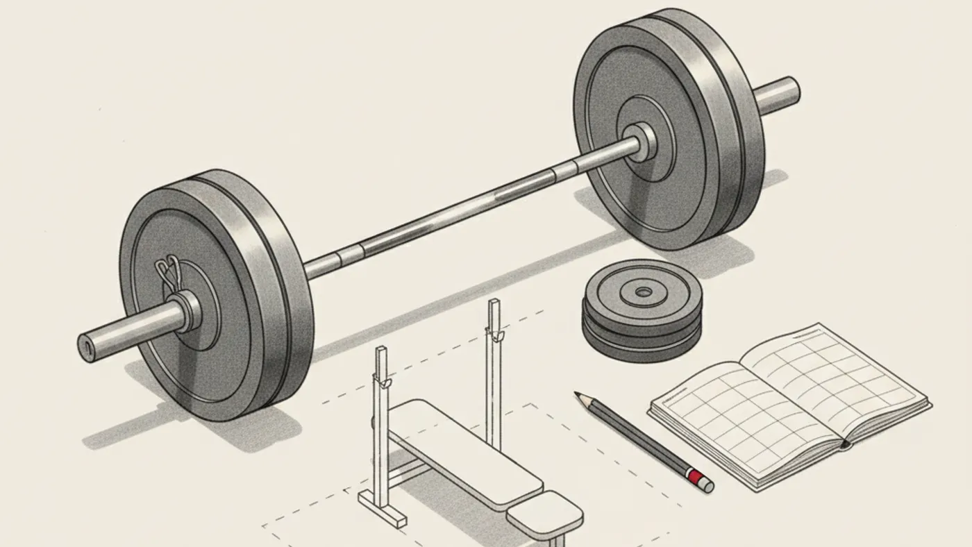 Blueprint-style drawing of a loaded barbell, plates, pencil, and blank training log