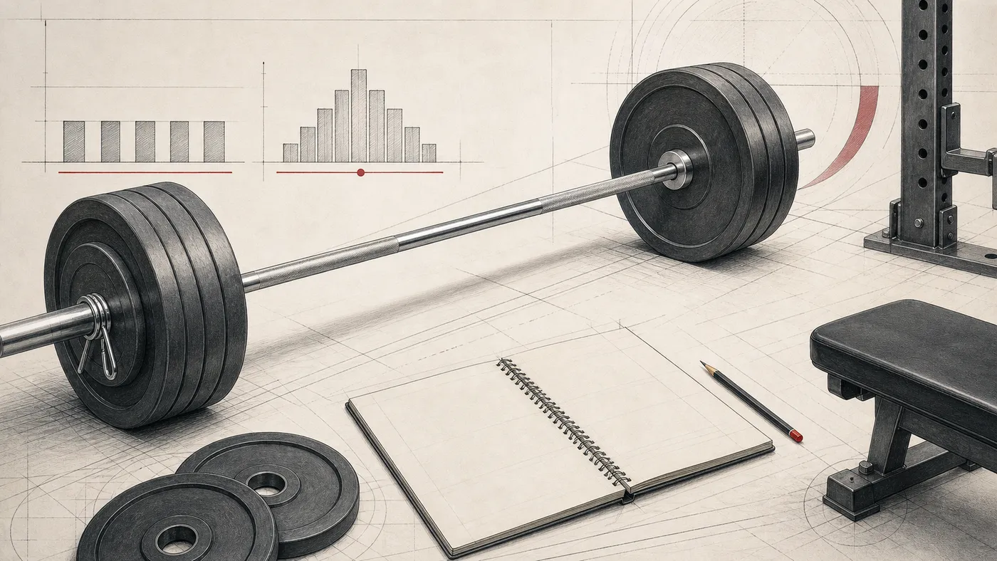 Blueprint-style drawing of a loaded barbell, plates, pencil, and blank training log comparing two set structures
