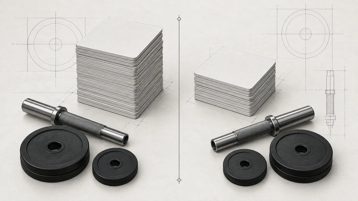 Ilustração em estilo blueprint com duas pilhas diferentes de cartões de séries em branco, barras e anilhas sem marcações