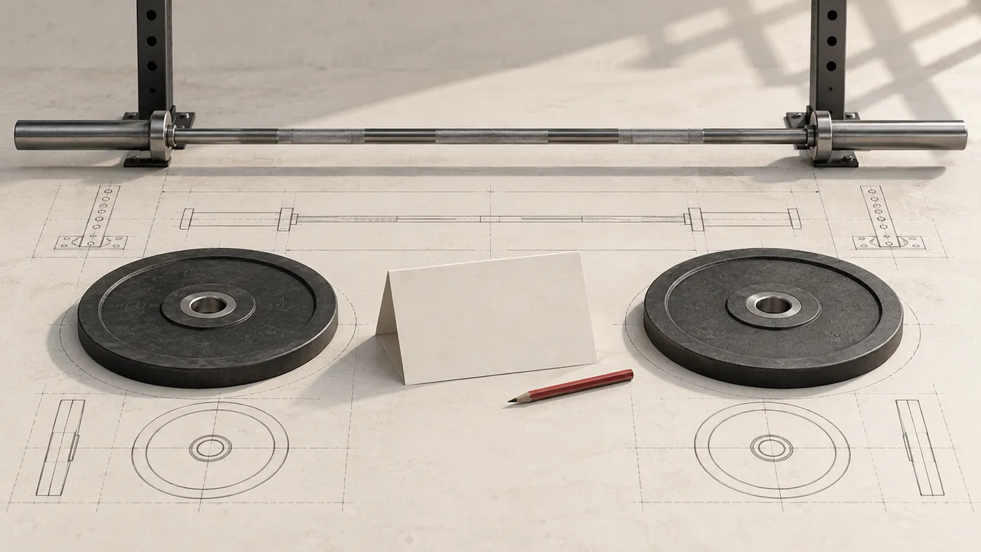 A barbell, two unmarked plates, a blank training card, and a red pencil arranged on a blueprint-style gym surface