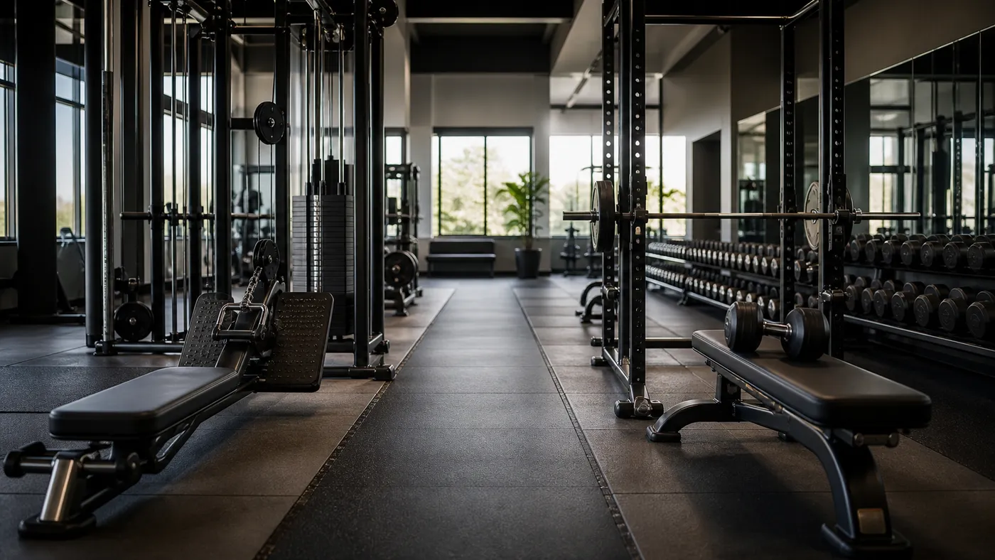 A cable row station and dumbbell bench press setup arranged across a quiet gym walkway