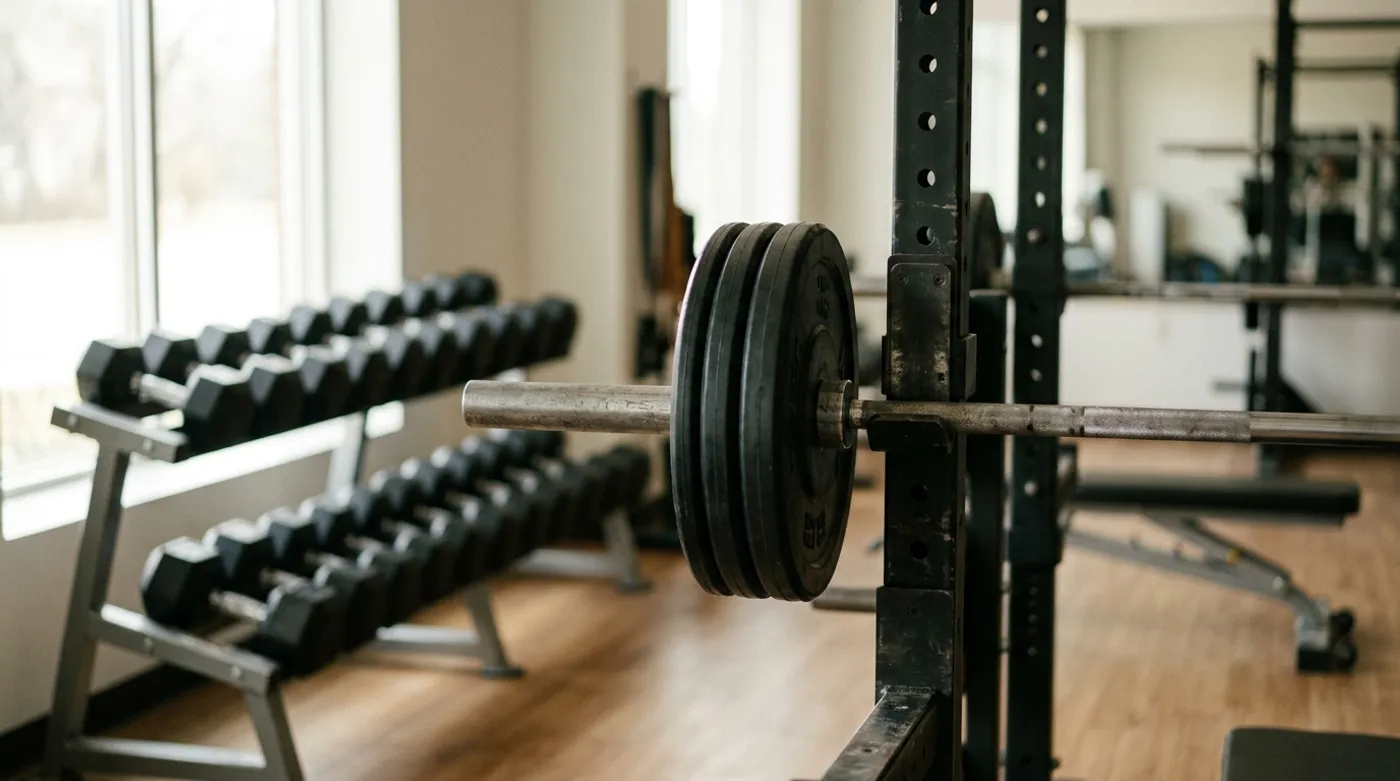 A loaded barbell on a squat rack in the foreground with a row of dumbbells on a rack behind it, soft window light in a quiet gym