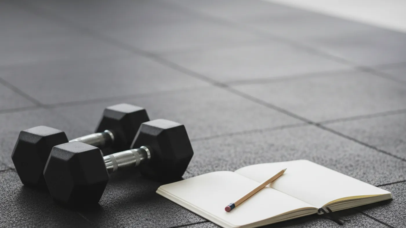 Two black dumbbells beside a blank training log notebook on a rubber gym floor