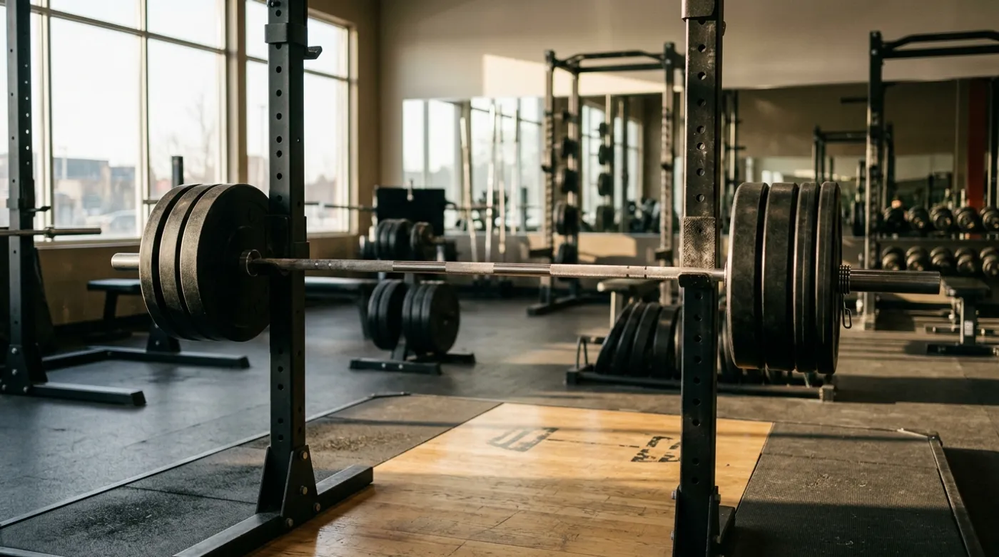 An empty squat rack in a quiet gym with afternoon light