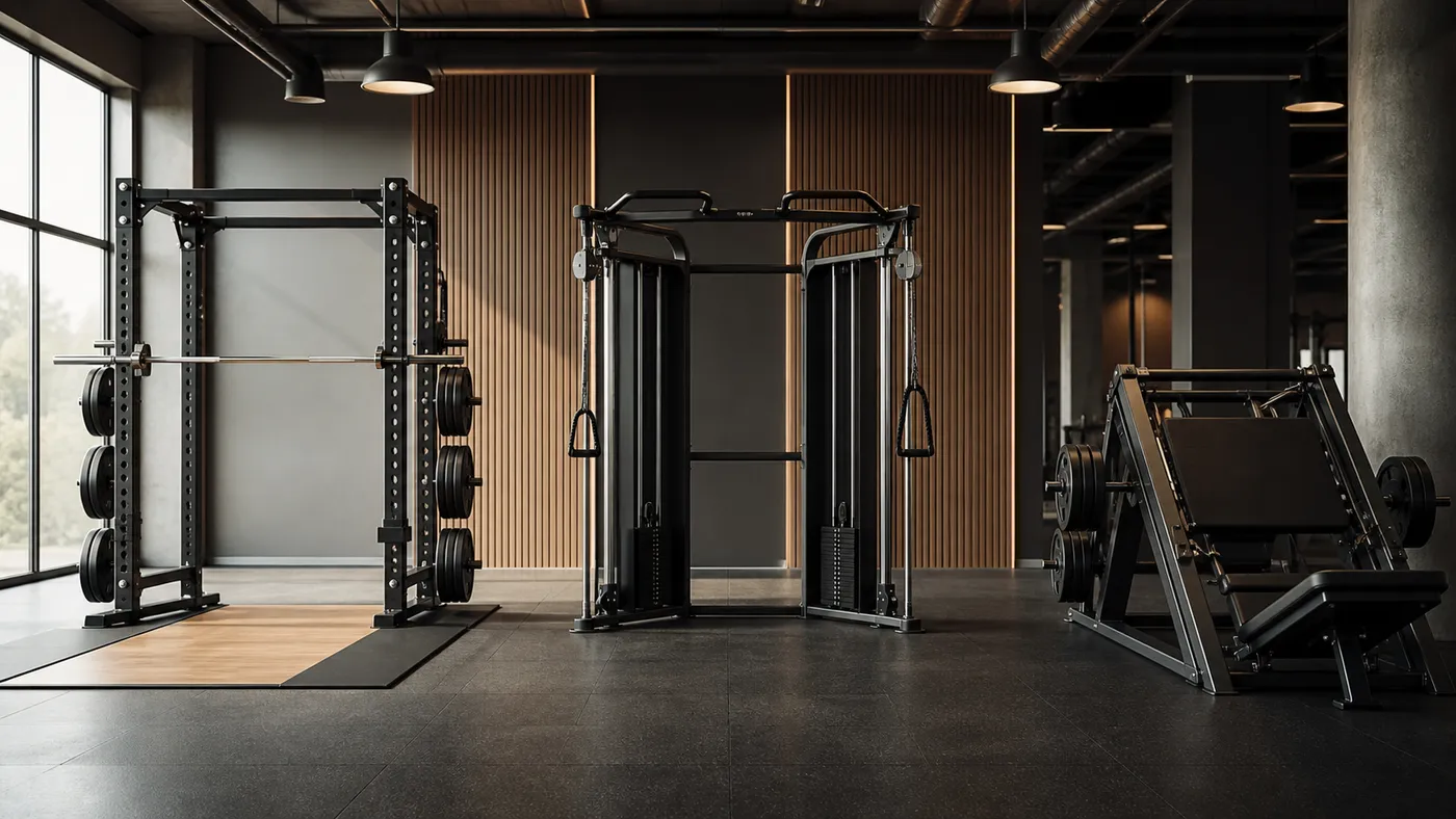 An empty squat rack, cable station, and leg press arranged across a quiet commercial gym