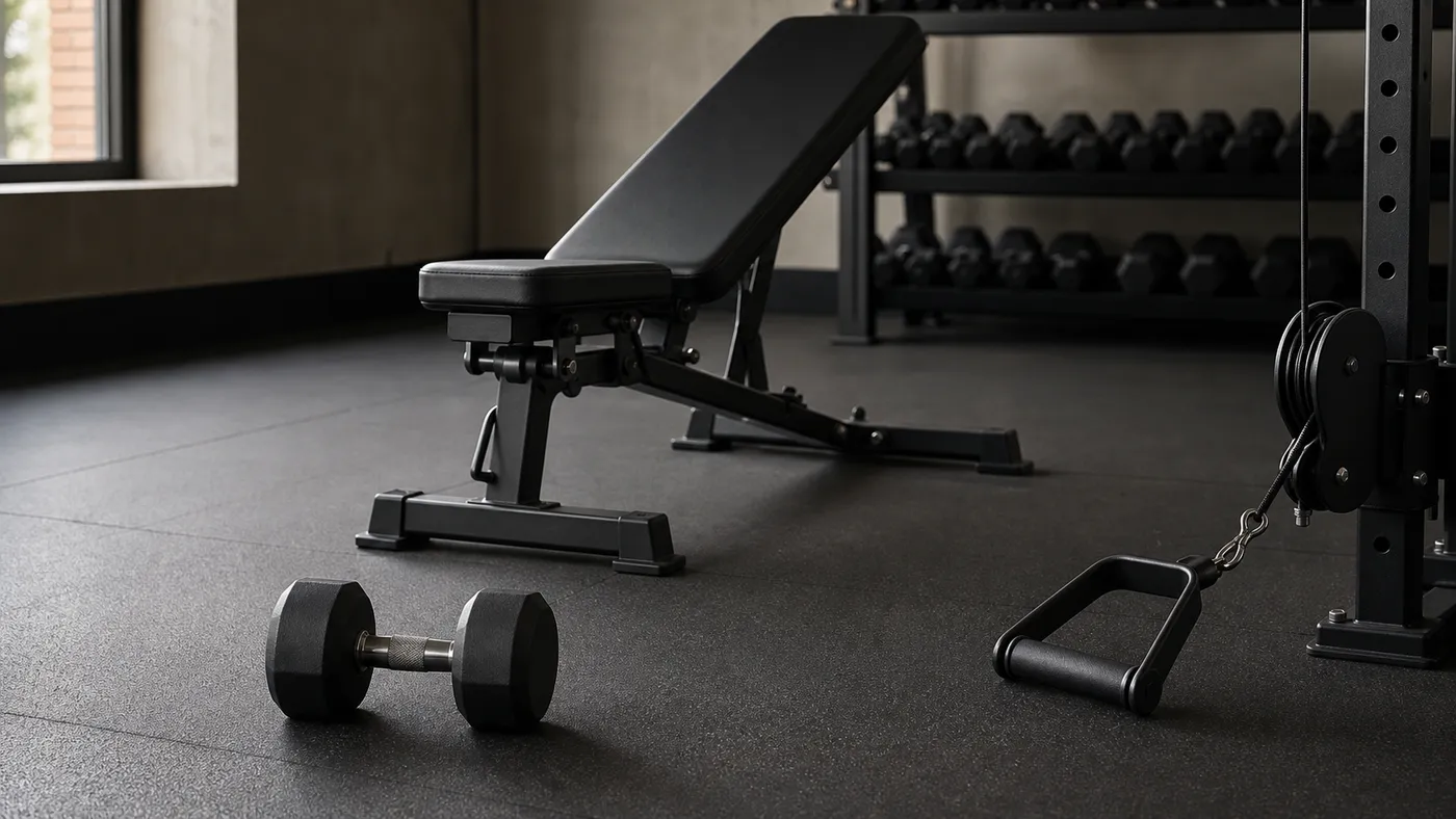 An adjustable bench, an unmarked dumbbell, and a cable handle in a quiet gym