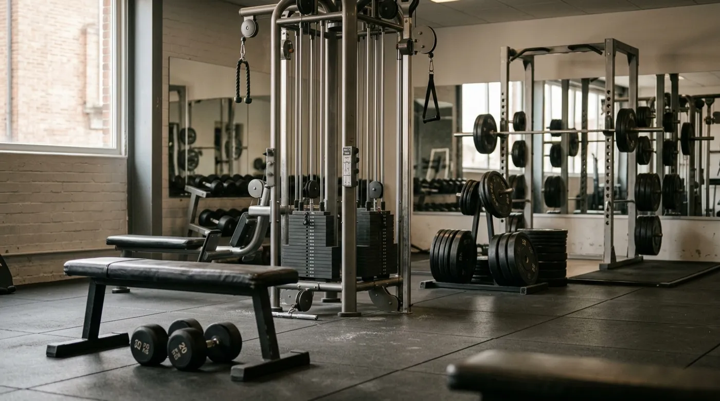 A flat bench, a cable crossover machine, and a squat rack arranged across one wide gym frame in soft window light