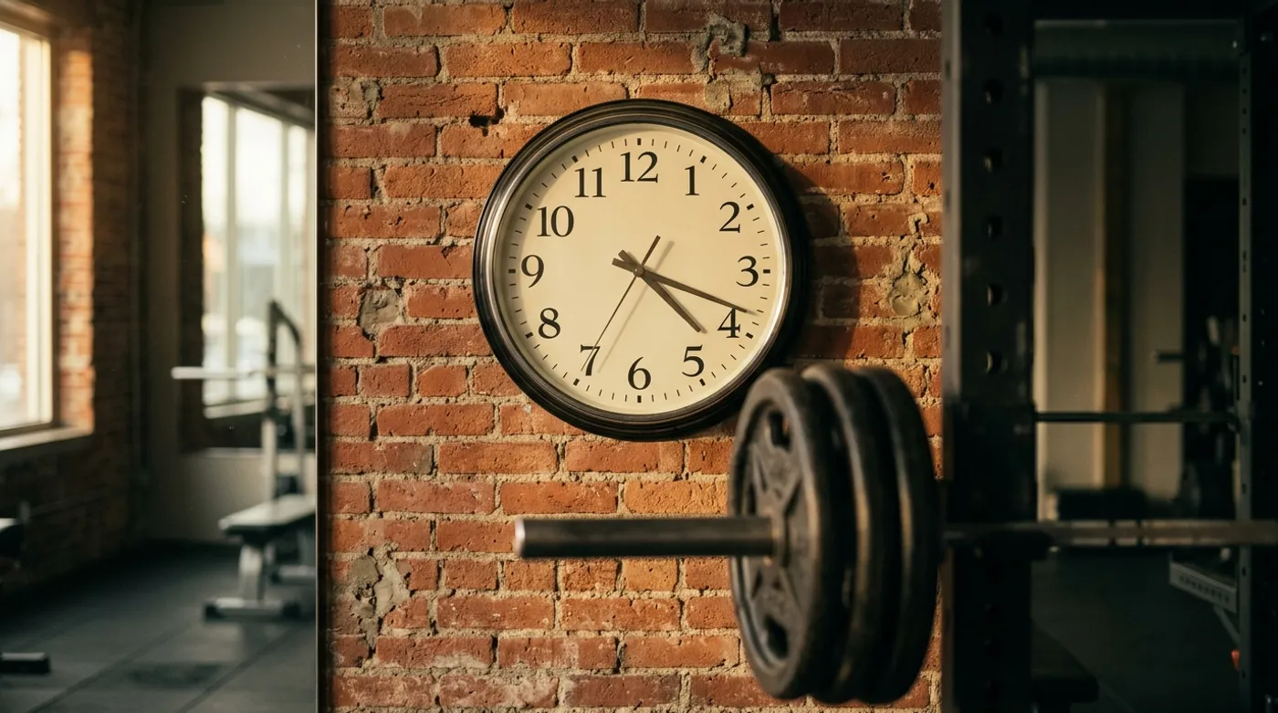 Relógio de parede analógico em uma parede de tijolos da academia, com uma barra carregada em um power rack em primeiro plano sob luz quente da tarde