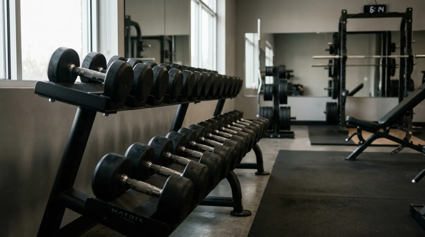 An organized rack of dumbbells in a quiet gym, lit by soft window light