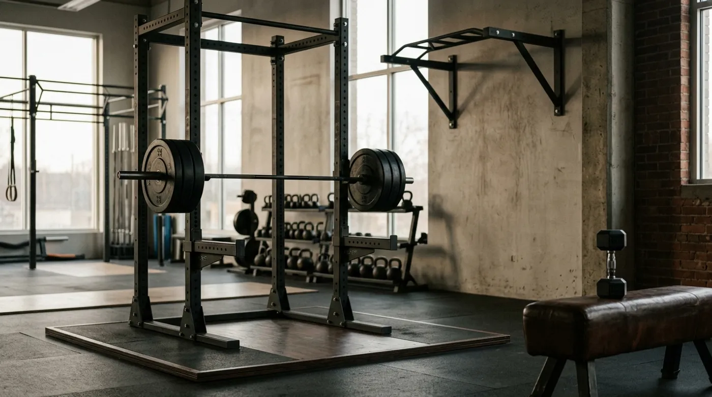 A loaded barbell on a power rack with a wall-mounted pull-up bar and a single dumbbell on a bench, representing the three movement patterns of push, pull, and legs