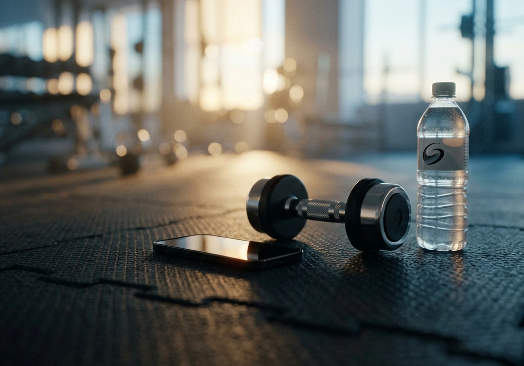 Gym equipment and weights on a rack