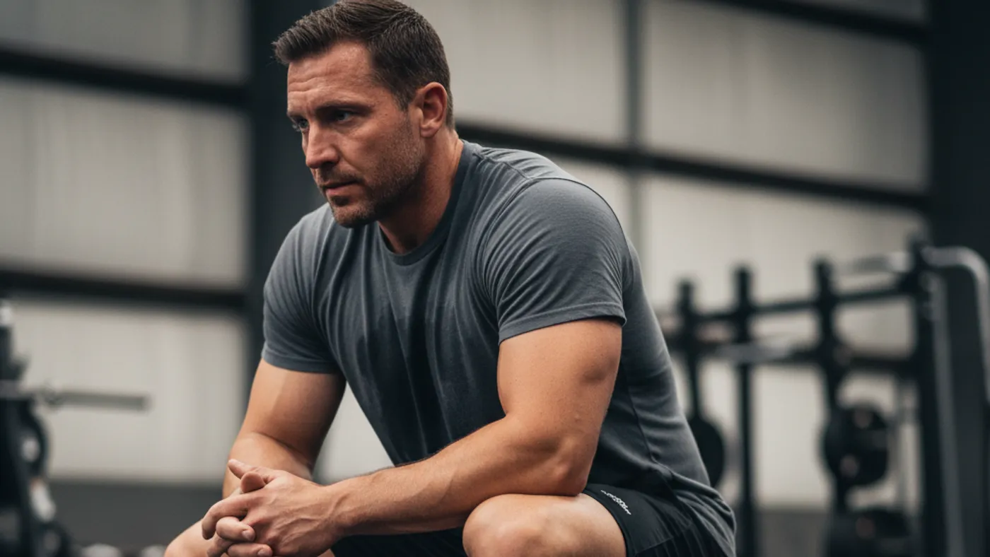 A lifter sitting on a gym bench after a hard working set