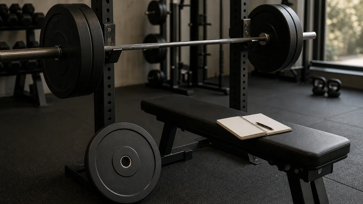 Loaded barbell on a rack with an extra plain plate and blank workout log on a gym bench