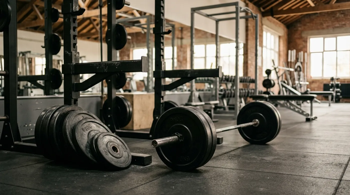A loaded olympic barbell resting on the gym floor next to a power rack with extra plates