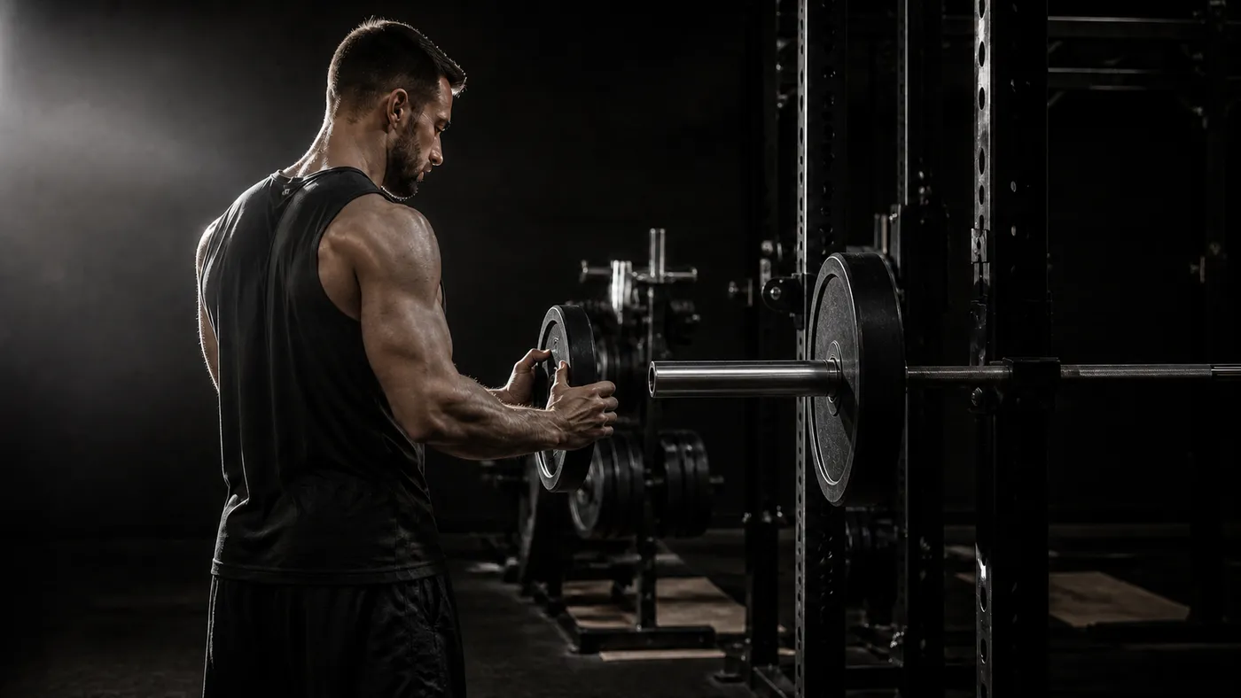 Muscular man adjusting a small plate on a racked barbell in a dark gym