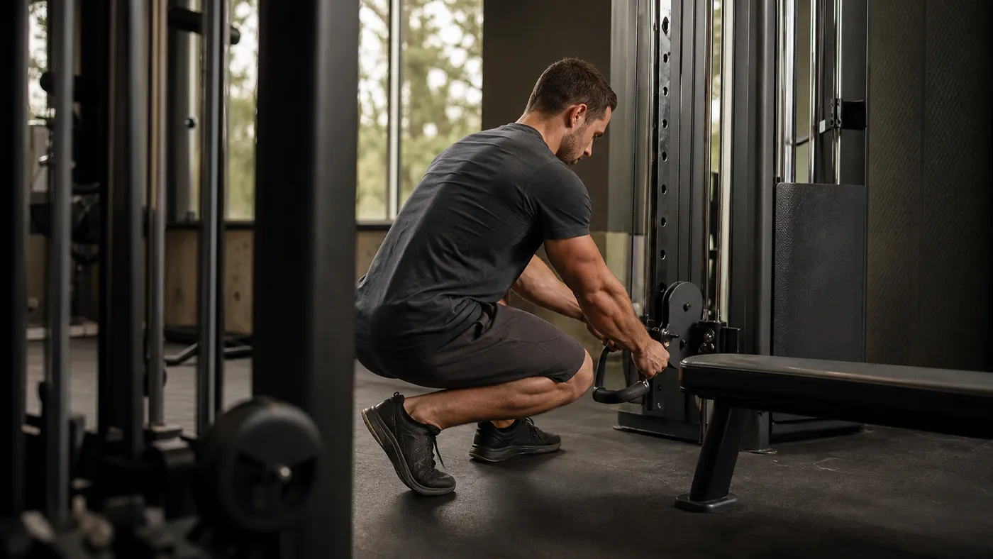 Man adjusting a cable handle from a low rear angle in a gym