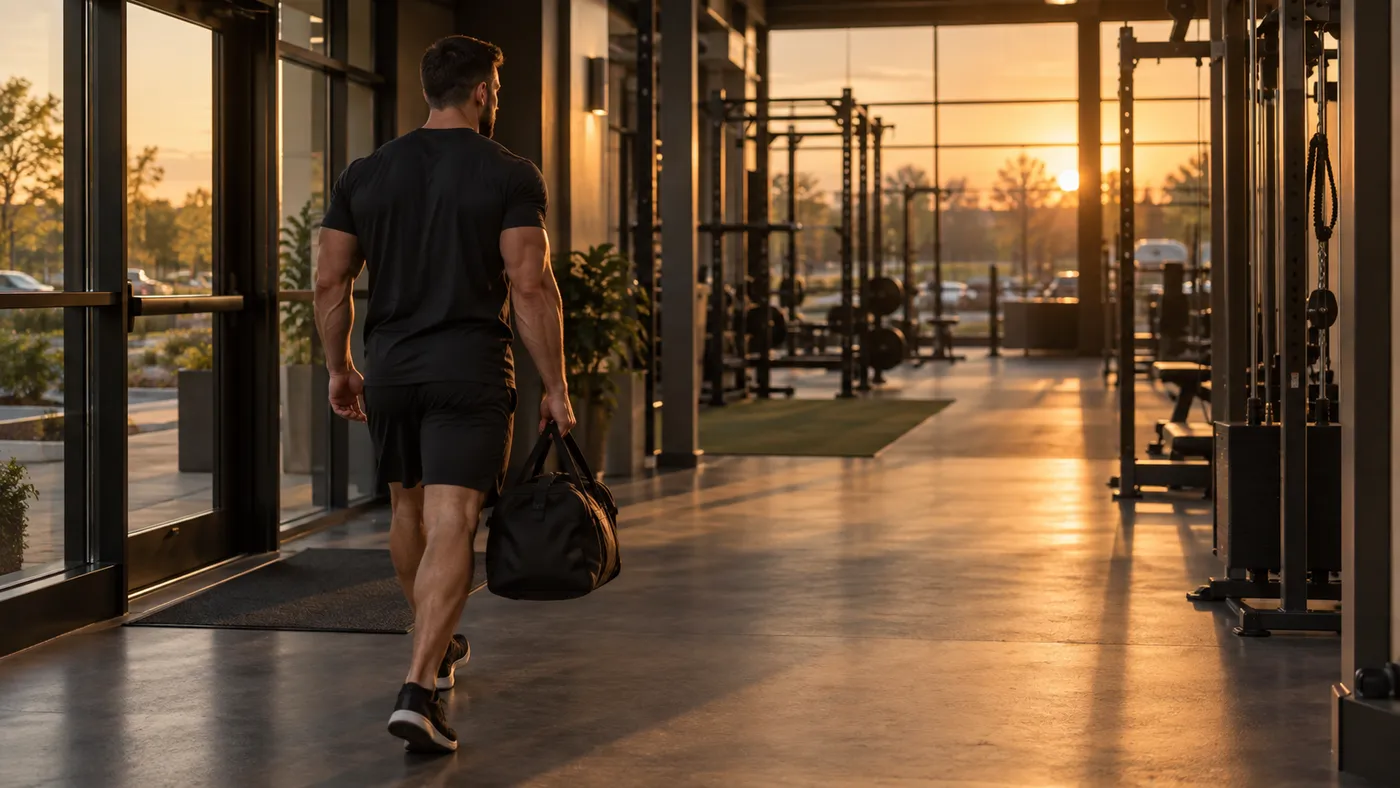 Muscular man carrying a gym bag as he walks into a quiet strength gym at sunset