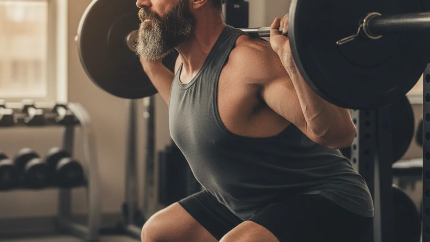 A muscular man in his late 40s with a full salt-and-pepper beard, plain gray tank top, performing a heavy barbell back squat at depth in a power rack — bar across his upper back, thick muscular quads visible in profile. Dumbbells and a cable station soft-focus in the background.