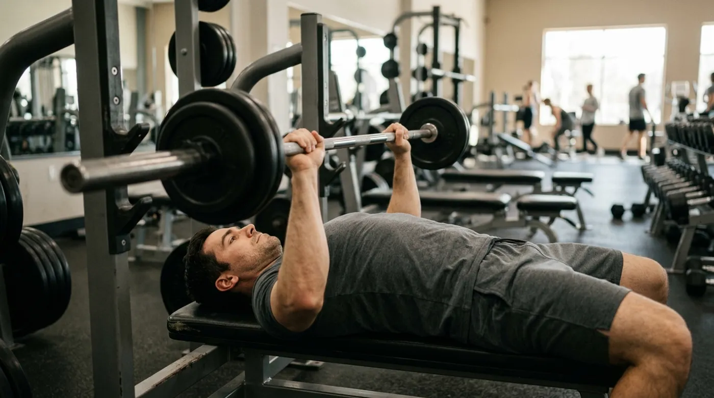 A man on a flat bench mid-press, lowering a loaded barbell in a controlled eccentric phase, in a quiet commercial gym