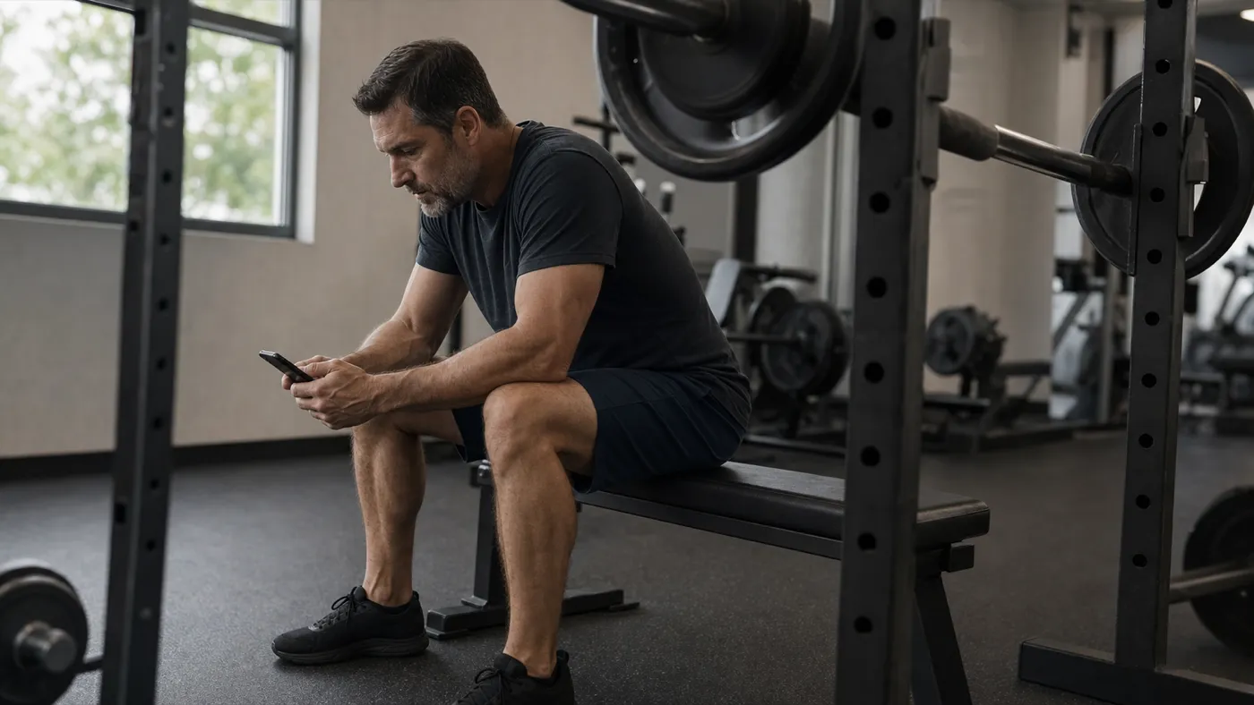 Man reviewing workout history on a phone while seated on a bench in a gym