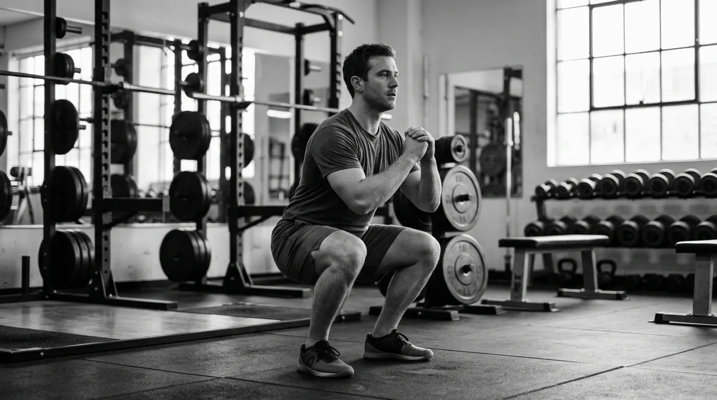 A man in his 30s holding a deep bodyweight squat as a dynamic warm-up movement in a real commercial gym, racks and dumbbells in the soft-focus background.