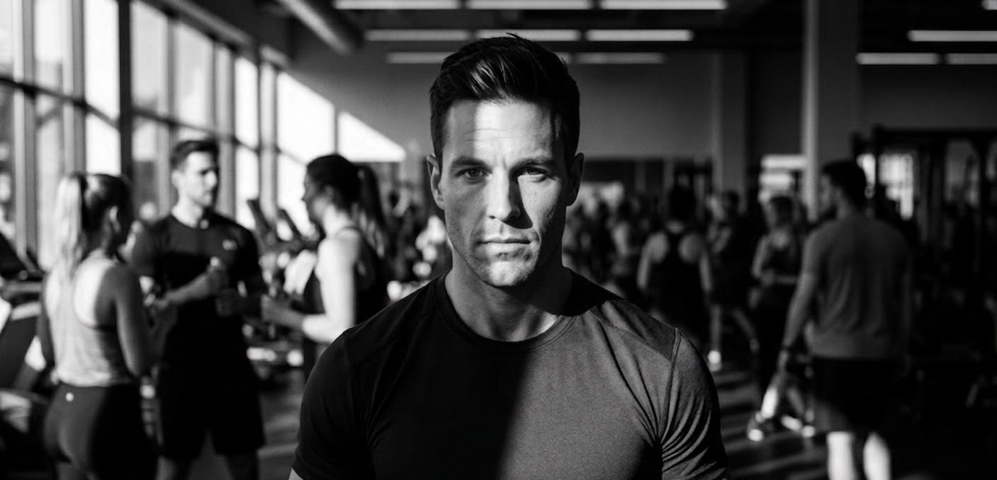 Person in a busy gym environment checking their phone