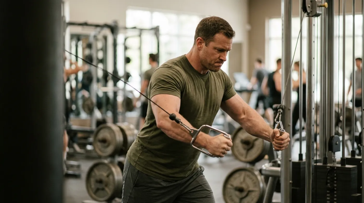 A muscular man in his late 30s at a cable crossover station, mid-rep on a chest fly with both arms drawn in toward his chest, brow furrowed in focused concentration, plain olive t-shirt, real commercial gym in soft focus behind him