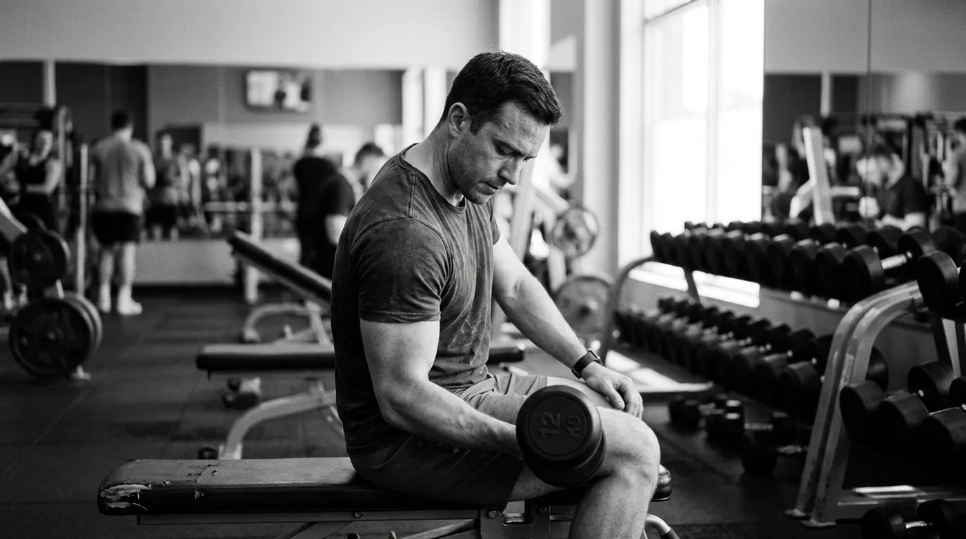 A man on a flat bench performing a controlled dumbbell curl, paused mid-eccentric, in a quiet commercial gym