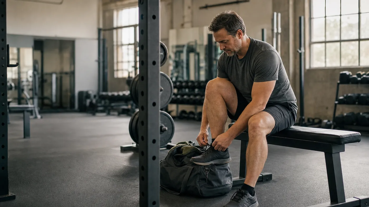 Man in his 40s sitting on a gym bench tying his training shoes before returning to a workout