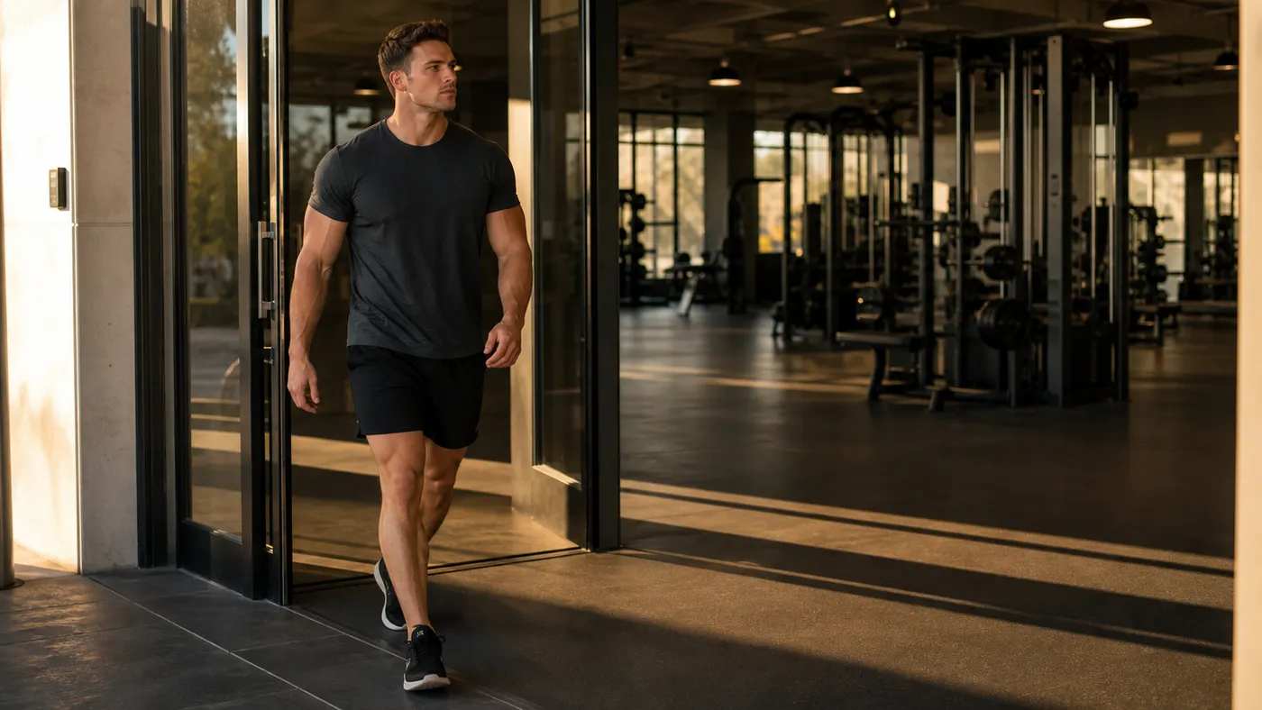 Muscular man walking into a quiet gym in early-morning light for a short training session