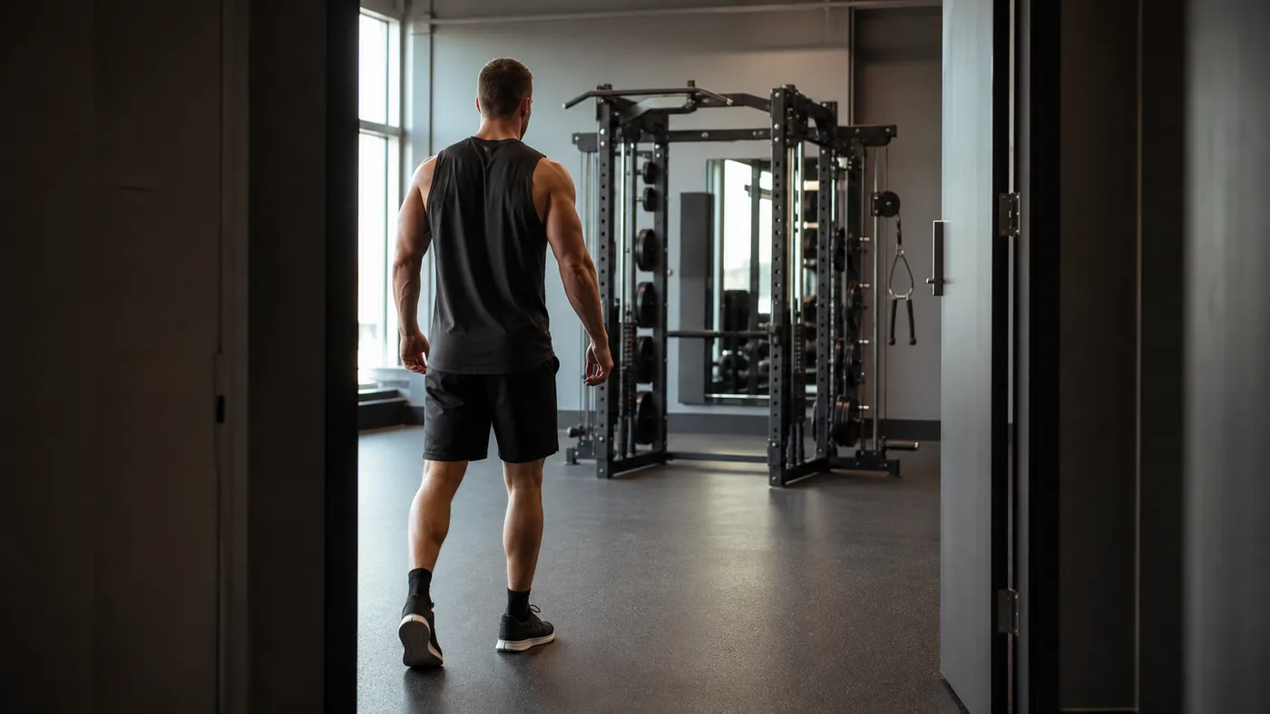 Muscular man entering a quiet gym toward a power rack in the morning