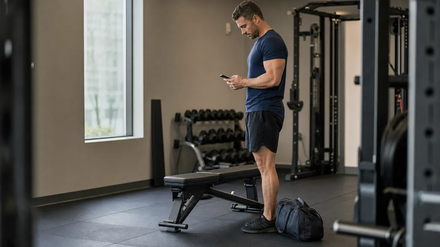 Man checking his phone beside a bench and travel bag in a compact hotel gym