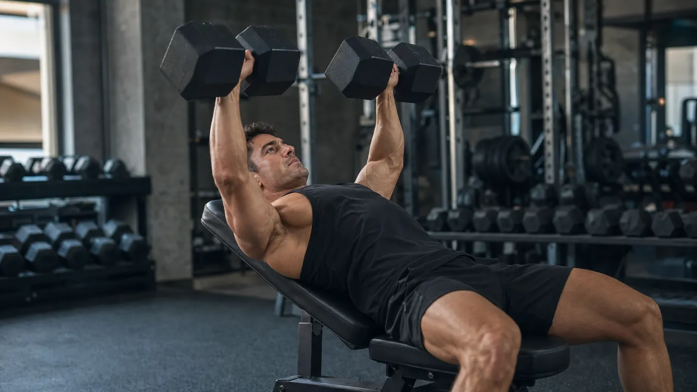 Homem musculoso completando uma repetição controlada de supino inclinado com halteres em uma academia