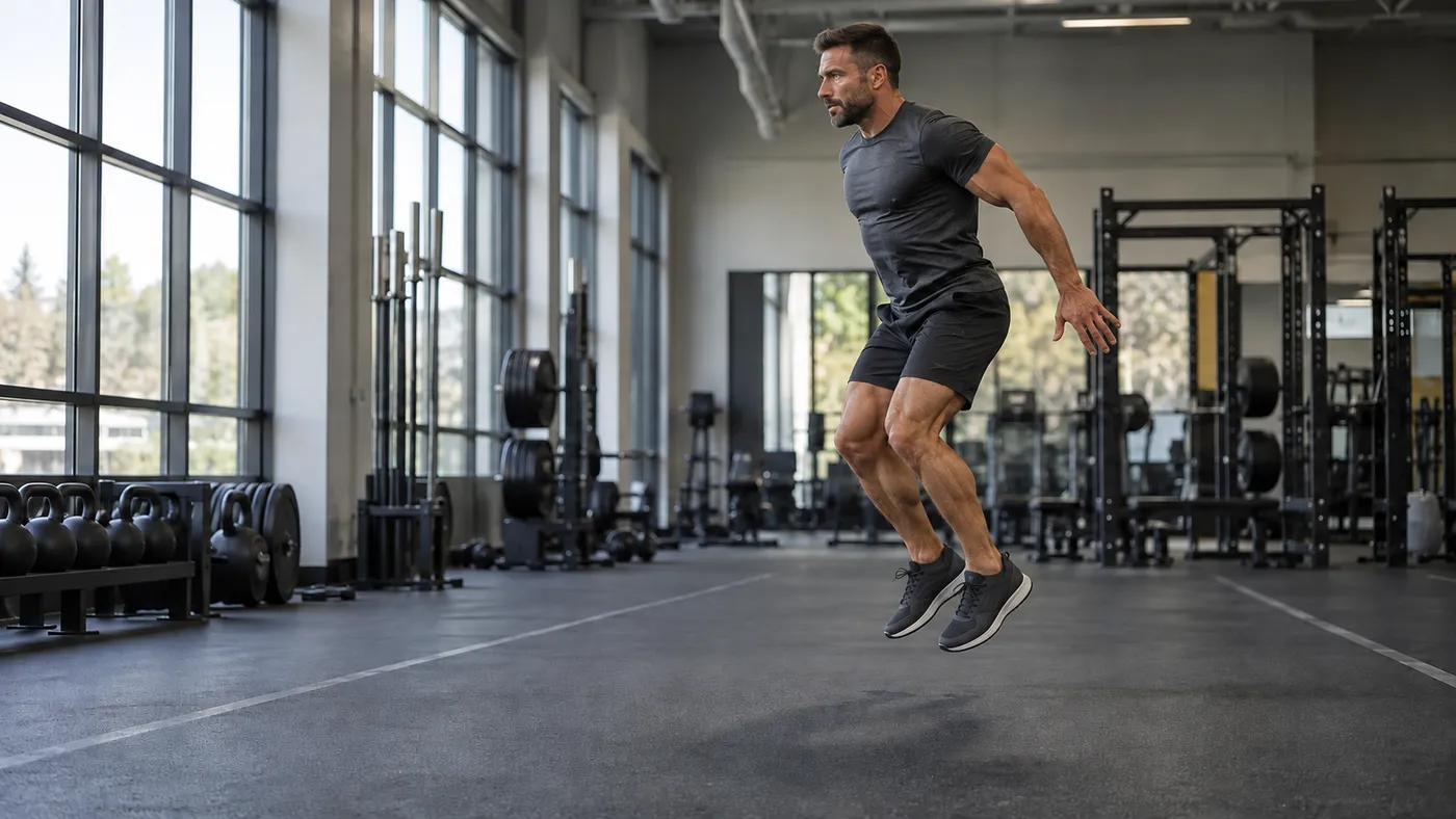 A muscular man making a controlled jump in an open gym lane, viewed from the side in natural window light