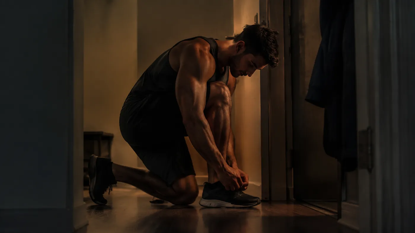 Man lacing his training shoes in a dim apartment hallway before an early workout