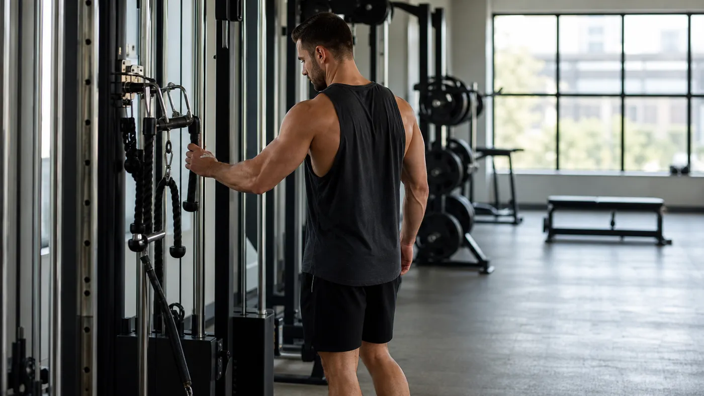 Man returning a cable attachment after a workout in a quiet gym with window light