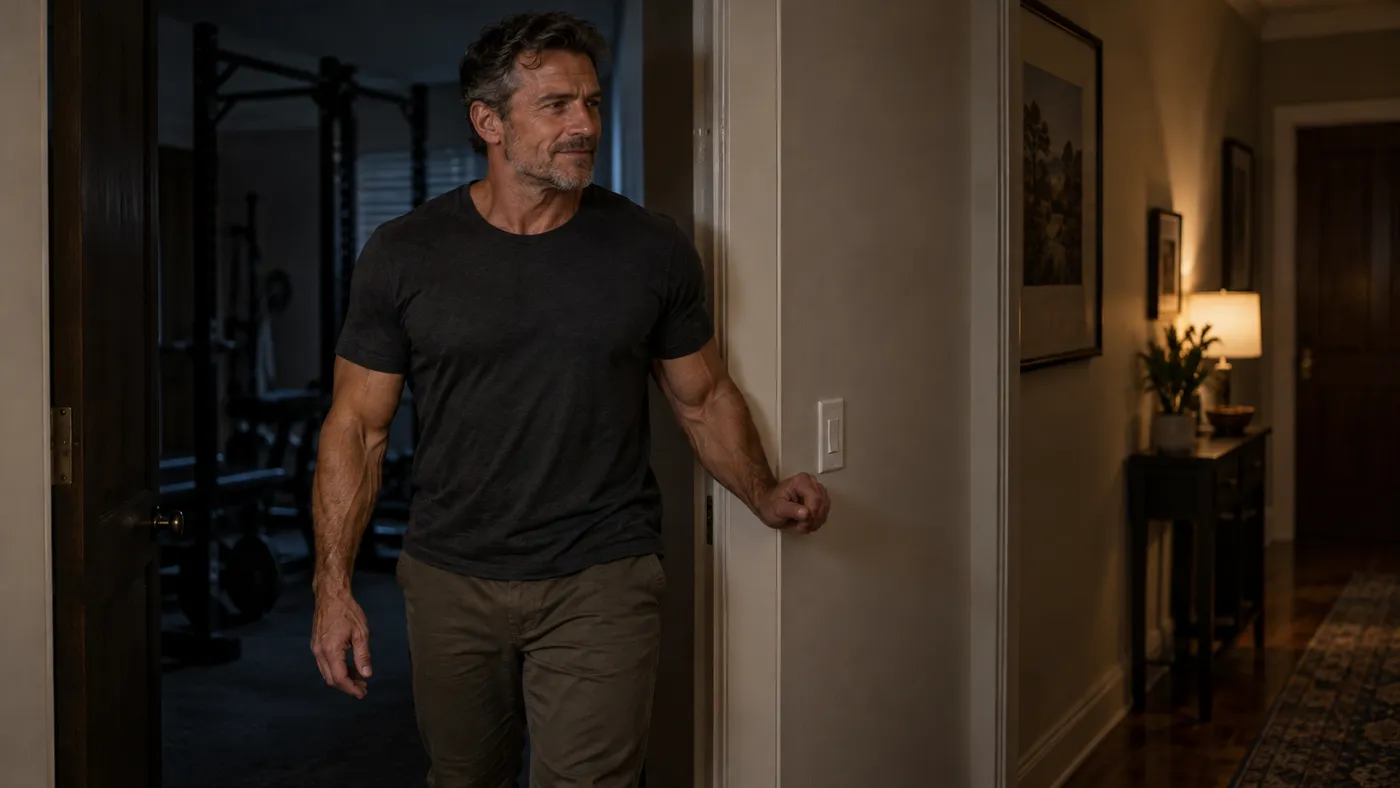 A muscular middle-aged man leaving a dark home gym for a warmly lit hallway