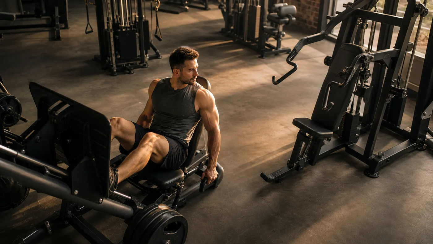 Man using a leg press in a quiet gym with chest press machines nearby in warm afternoon light