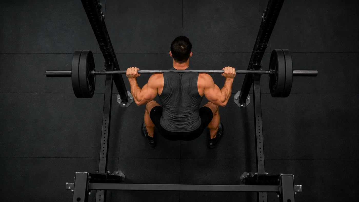 Muscular man squatting in plain black lifting shoes, viewed from overhead inside a power rack