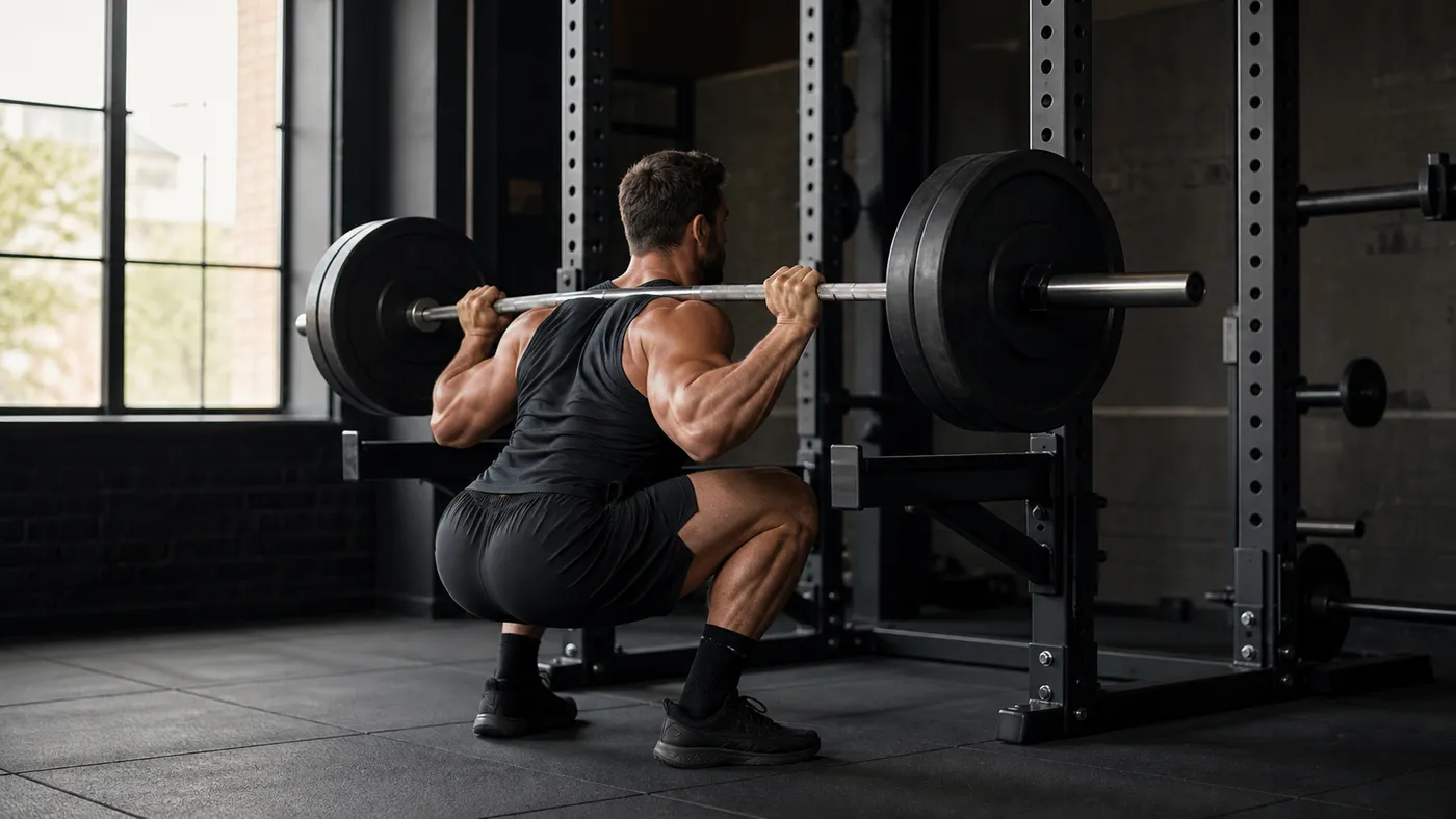 Muscular man holding a controlled paused back squat inside a power rack