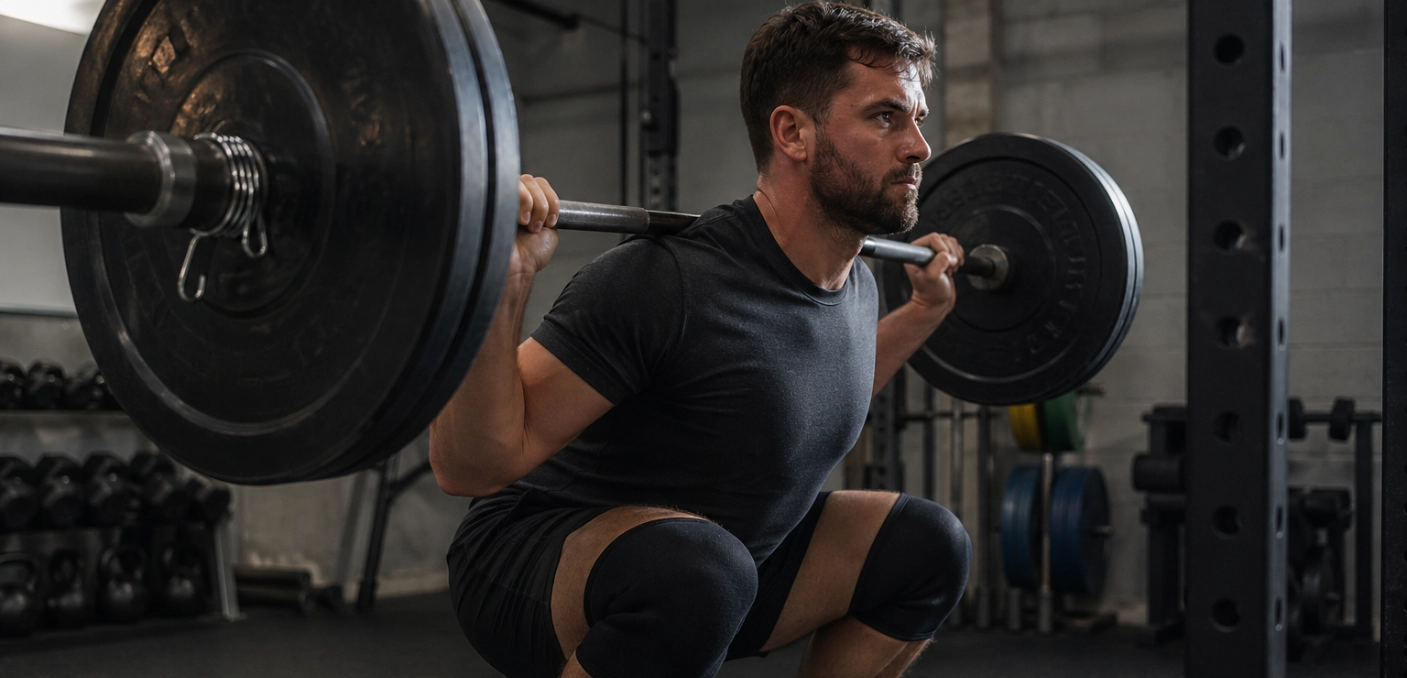 A man performing a barbell back squat in a calm gym environment
